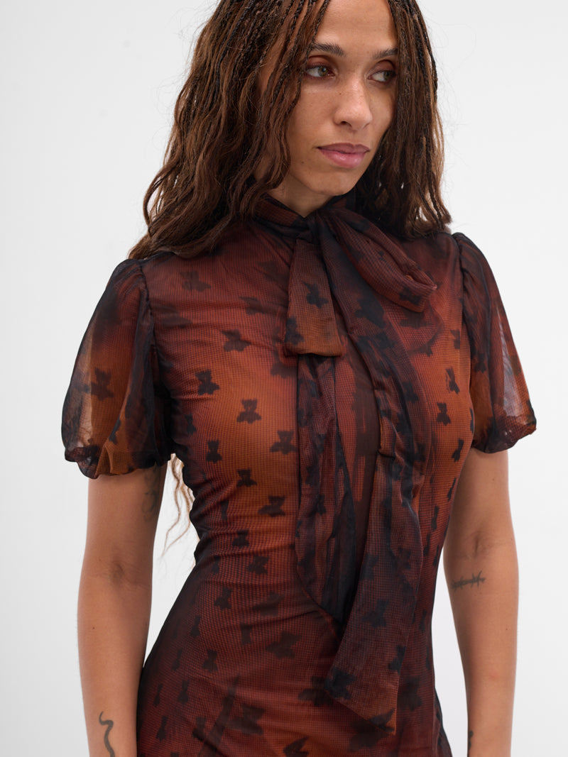 Brown Printed Nylon Bow Dress (FN-WN-DRES001562-RUST-BROWN)
