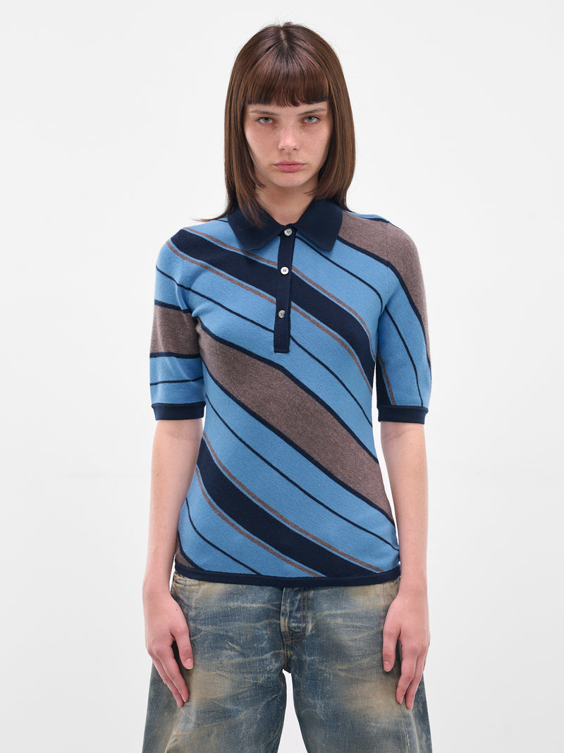 Blue Striped Knit Polo Shirt (FN-WN-KNIT000884-MULTI-BLUE)