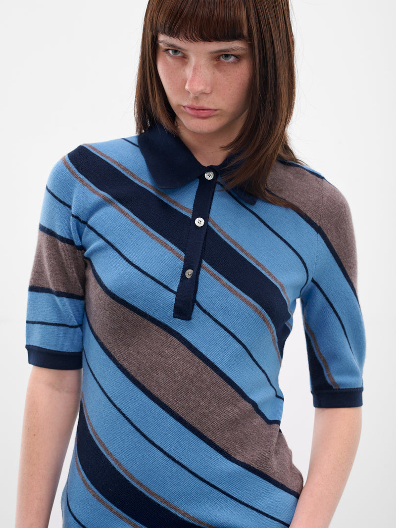 Blue Striped Knit Polo Shirt (FN-WN-KNIT000884-MULTI-BLUE)