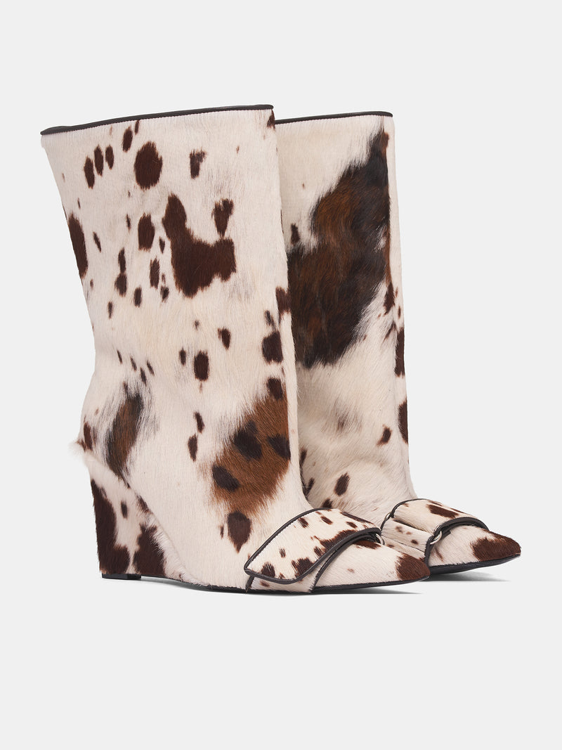 White Cow Print Wide Boots (FT-01-COW-PATTERN-OFFWHITE-BRO)