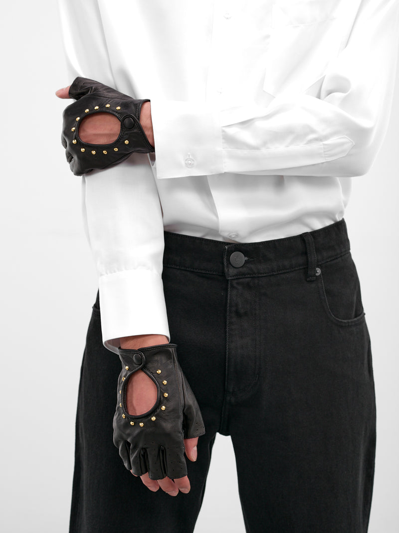 Studded Lamb Leather Fingerless Gloves (GL22G-BLACK)