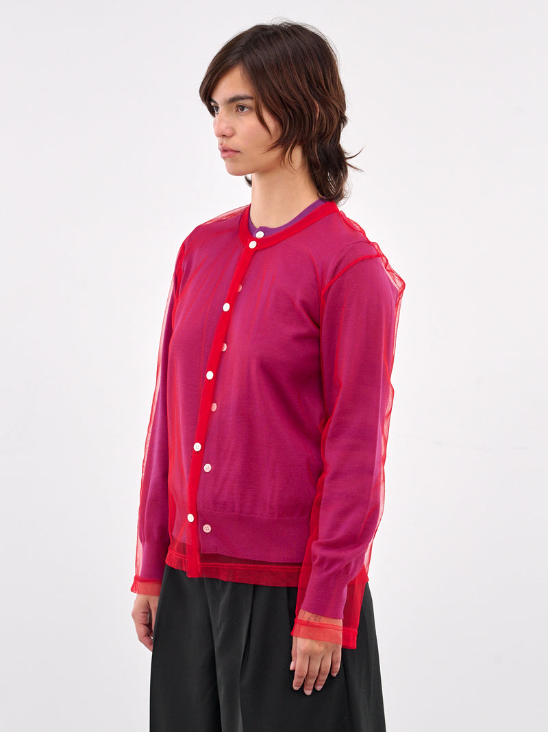 Layered Mesh & Knit Cardigan (GO-B020-PURPLE-RED)