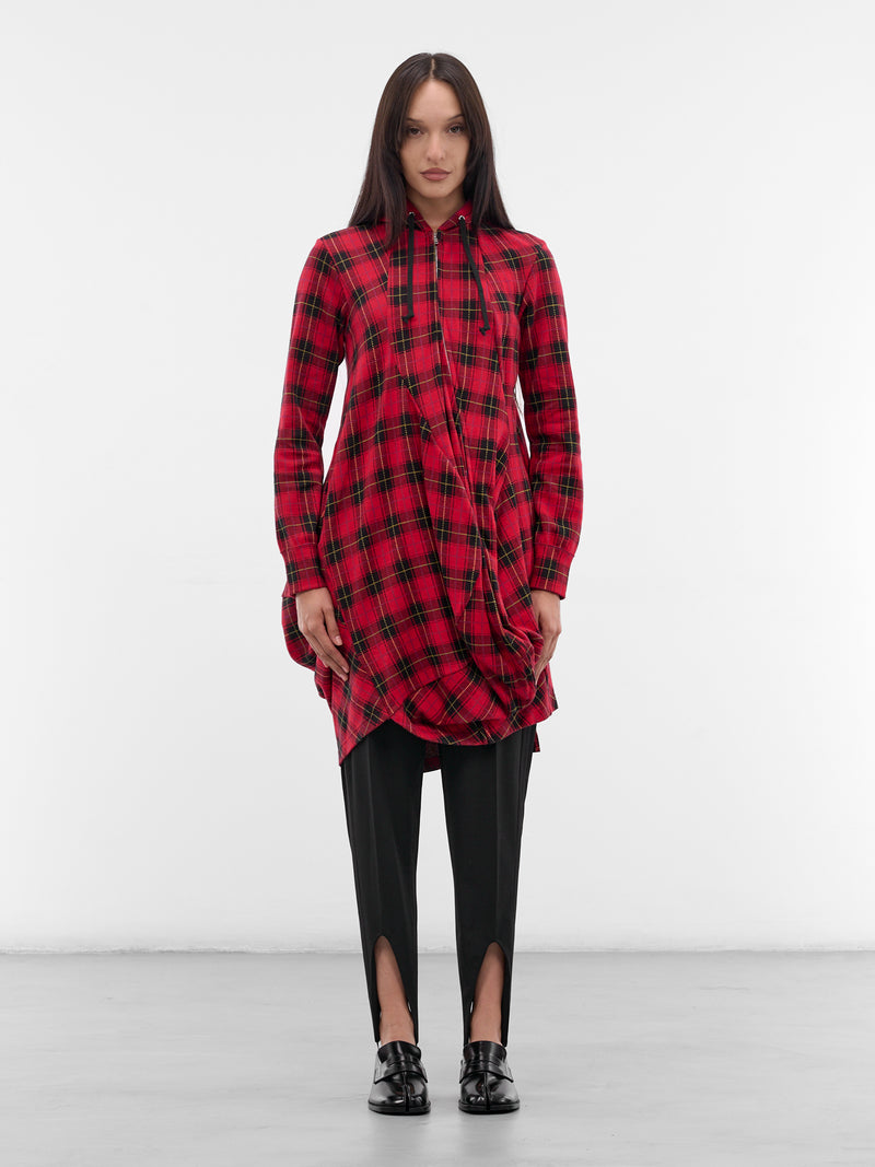 Red Tartan Asymmetric Draped Hoodie (GP-T018-W25-RED)