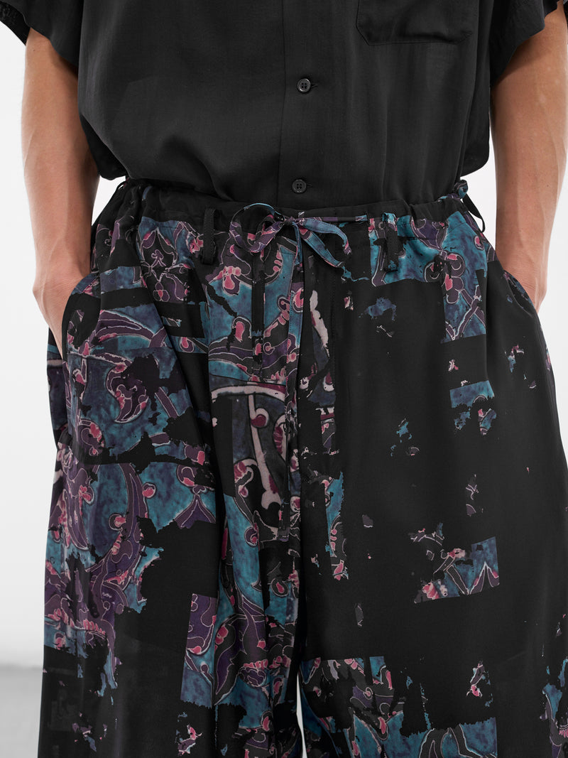 Black Silk Abstract Baggy Shorts (HK-P30-427-1-BLACK)