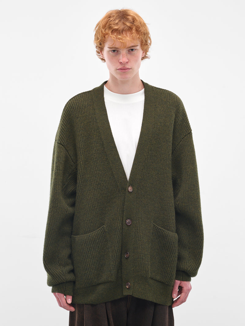 Green Wool Rib-Knit Cardigan (HMMB75089A-HB619-MEDIUM-GREEN)