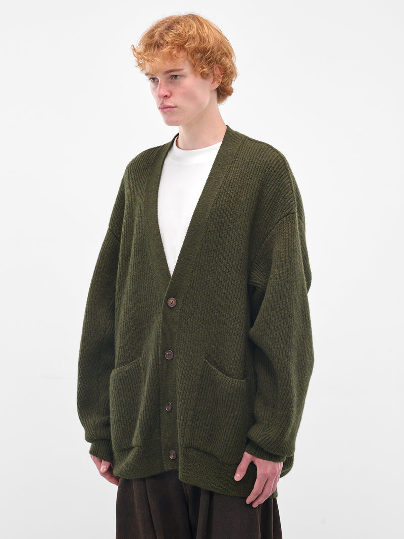 Green Wool Rib-Knit Cardigan (HMMB75089A-HB619-MEDIUM-GREEN)