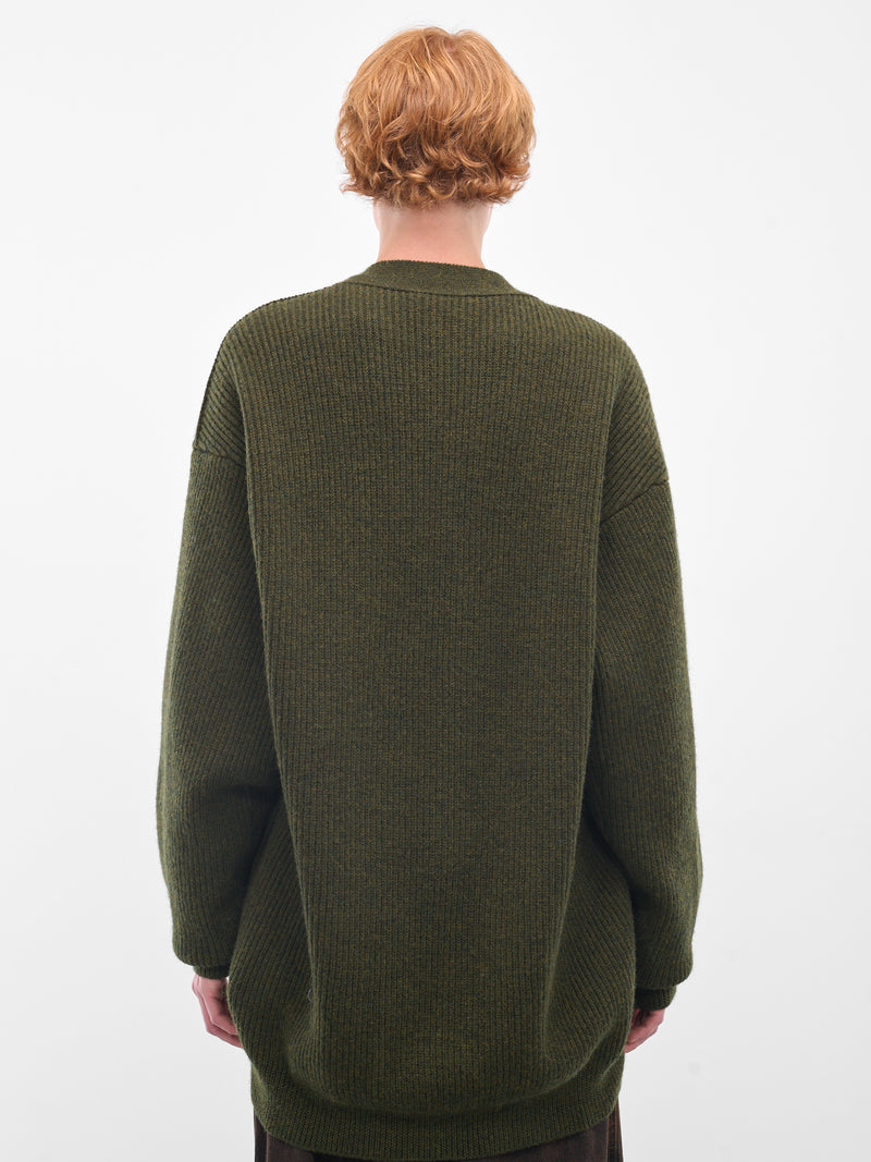 Green Wool Rib-Knit Cardigan (HMMB75089A-HB619-MEDIUM-GREEN)