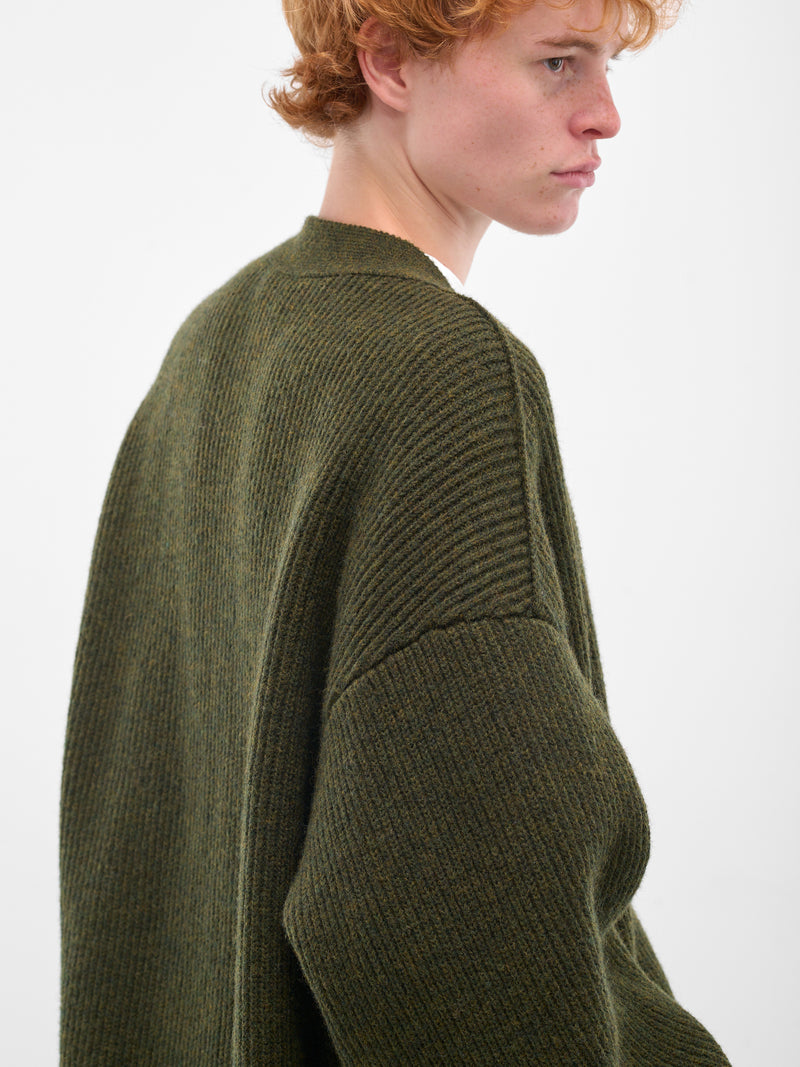 Green Wool Rib-Knit Cardigan (HMMB75089A-HB619-MEDIUM-GREEN)