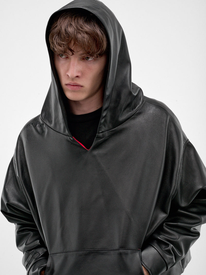 Black Boxy Leather Hoodie (HR10408-BLACK)