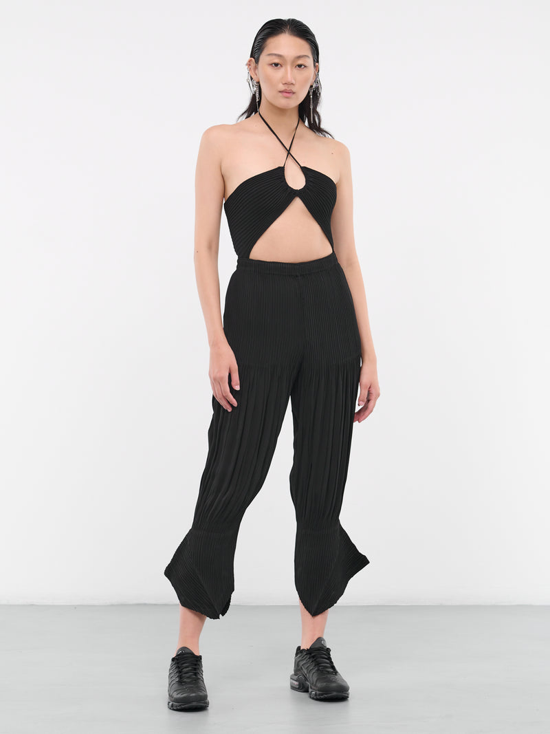Black Pleated Crop Hatching Trousers (IM38FF188-15-BLACK)
