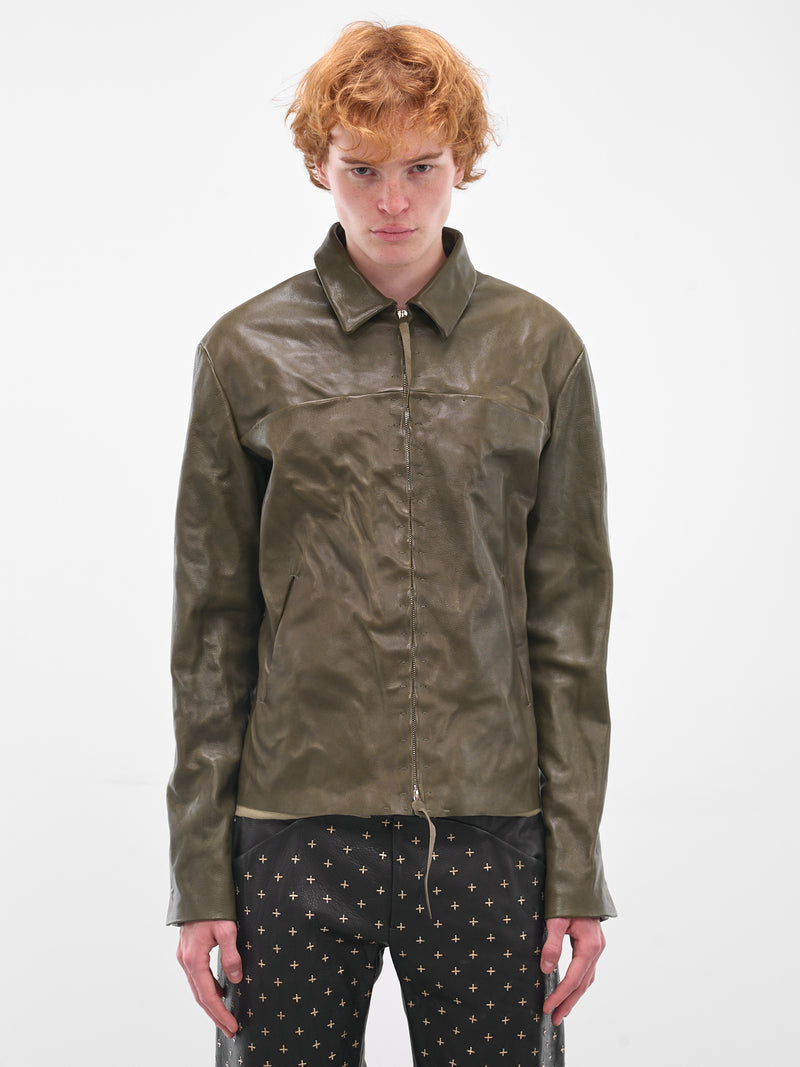 Buffalo Leather Zip Trucker Jacket (J250Z-BUL-1-0-MILITARY-GREEN)