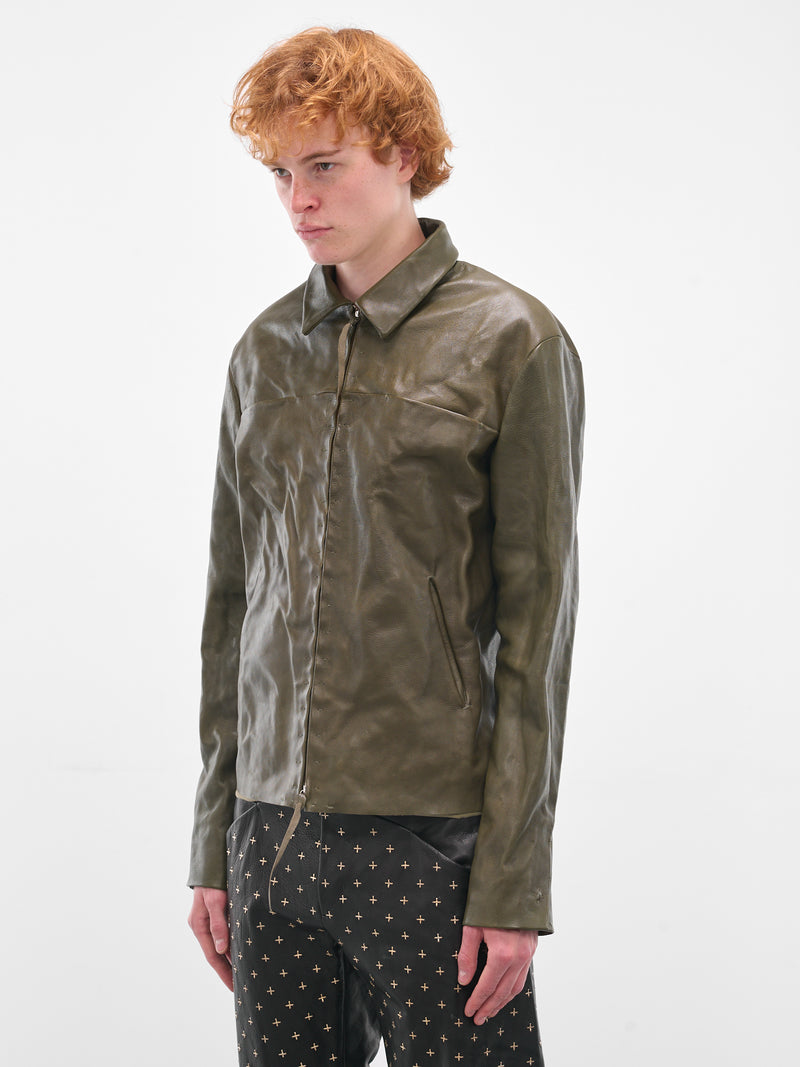 Buffalo Leather Zip Trucker Jacket (J250Z-BUL-1-0-MILITARY-GREEN)