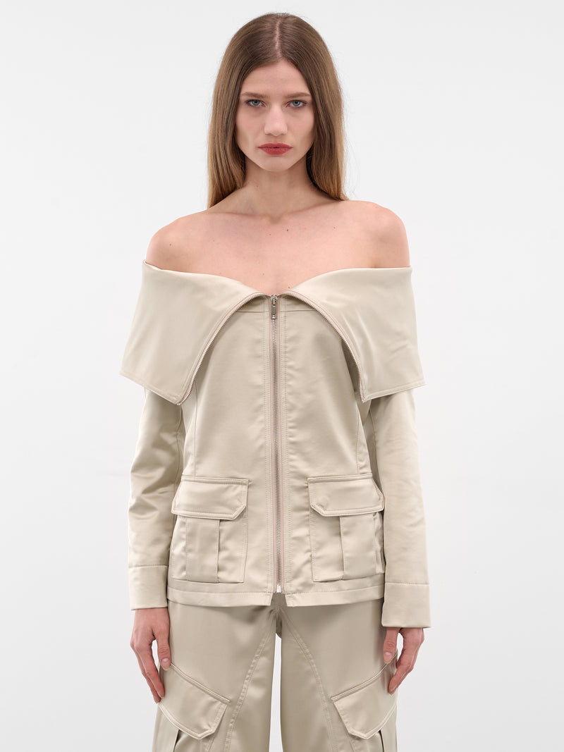 Ecru Satin Off-Shoulder Zip Jacket (JA043-ECRU)