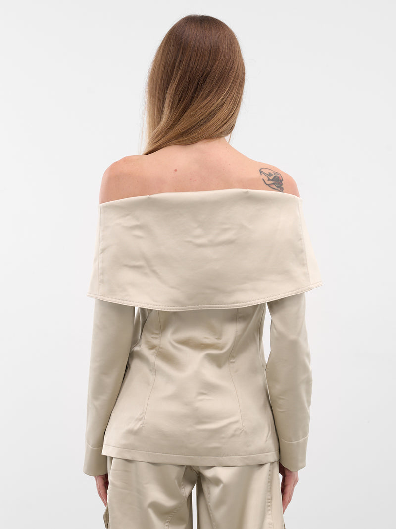 Ecru Satin Off-Shoulder Zip Jacket (JA043-ECRU)