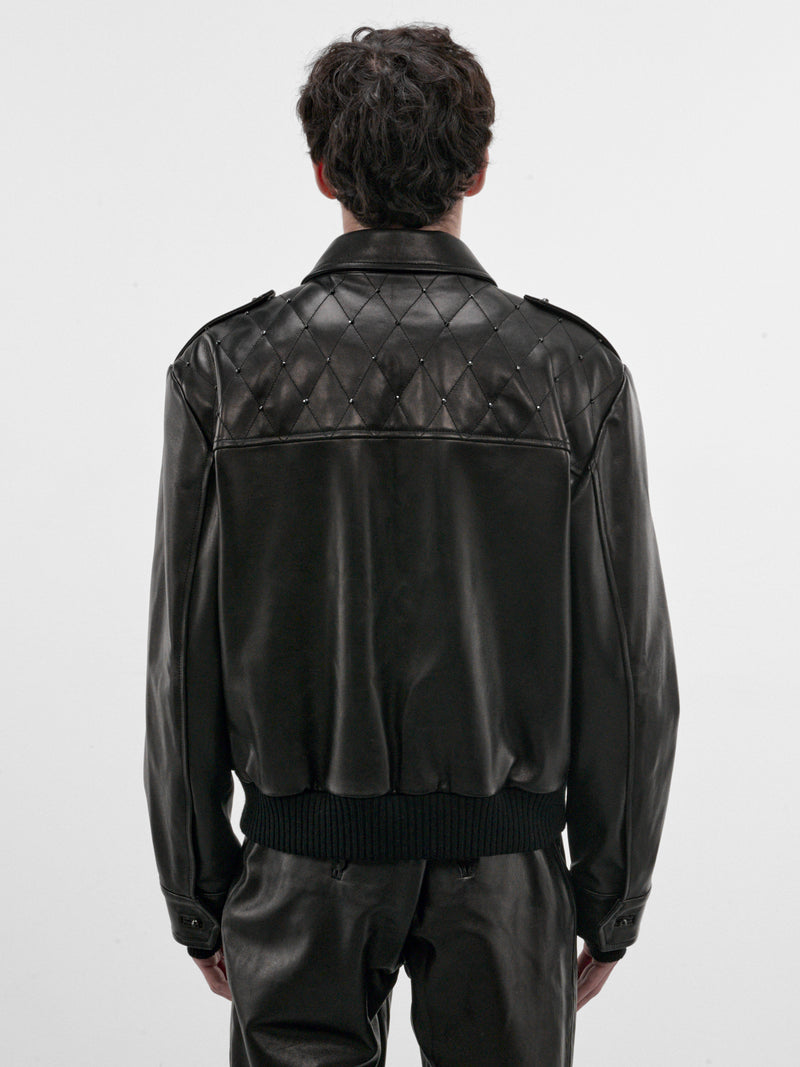 Black Crystal Leather Military Bomber (JA96LS-BLACK)