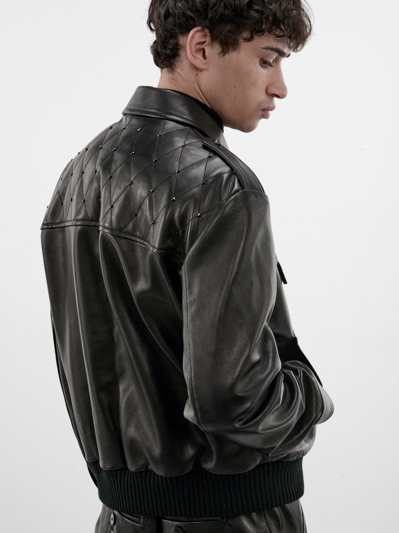 Black Crystal Leather Military Bomber (JA96LS-BLACK)
