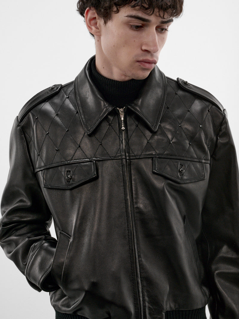 Black Crystal Leather Military Bomber (JA96LS-BLACK)