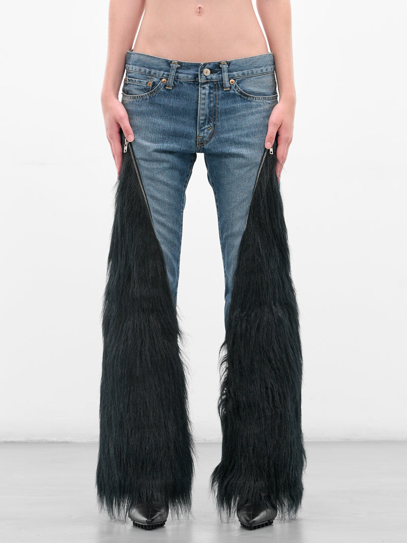 Denim & Fur Paneled Flare Jeans (JP-P201-051-1-INDIGO-BLACK)