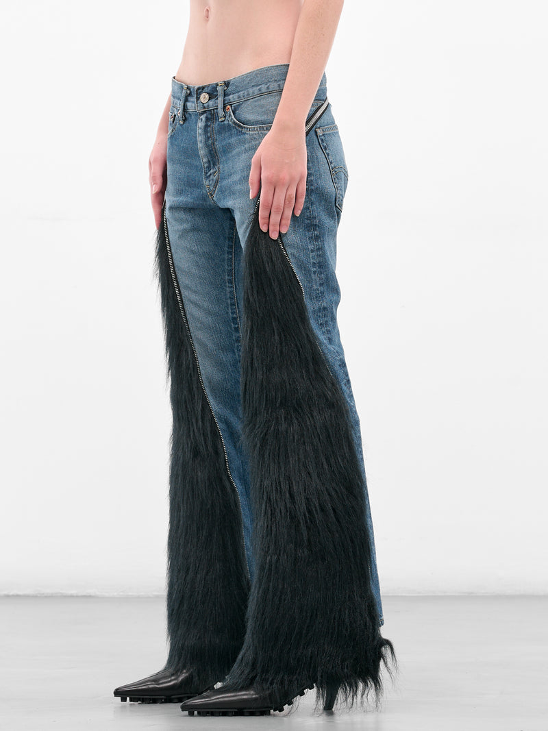 Denim & Fur Paneled Flare Jeans (JP-P201-051-1-INDIGO-BLACK)