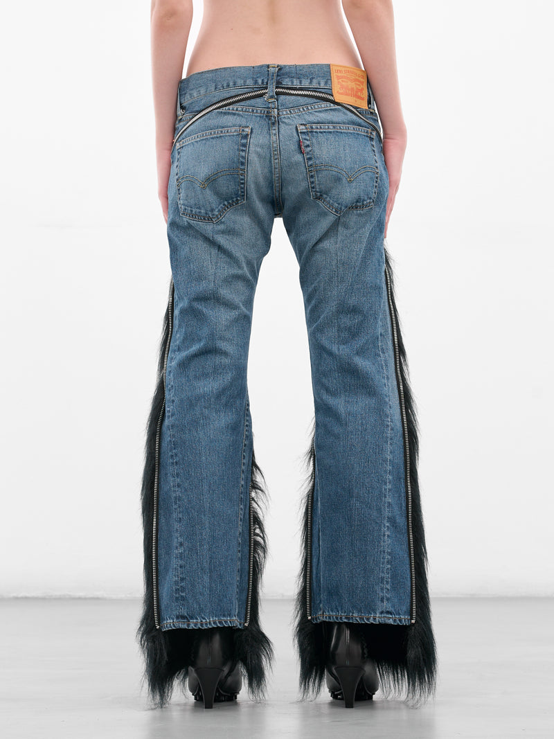 Denim & Fur Paneled Flare Jeans (JP-P201-051-1-INDIGO-BLACK)