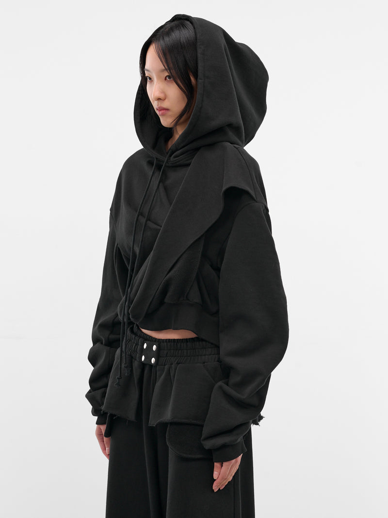 Black Oversized Draping Crop Hoodie (JS08-BLACK)
