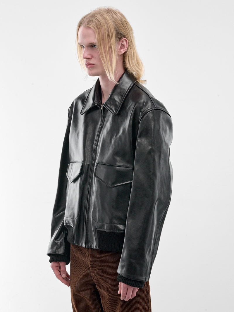 Black Leather Boxy Zip Jacket (JUMY0218LQ-ULV895-BLACK)