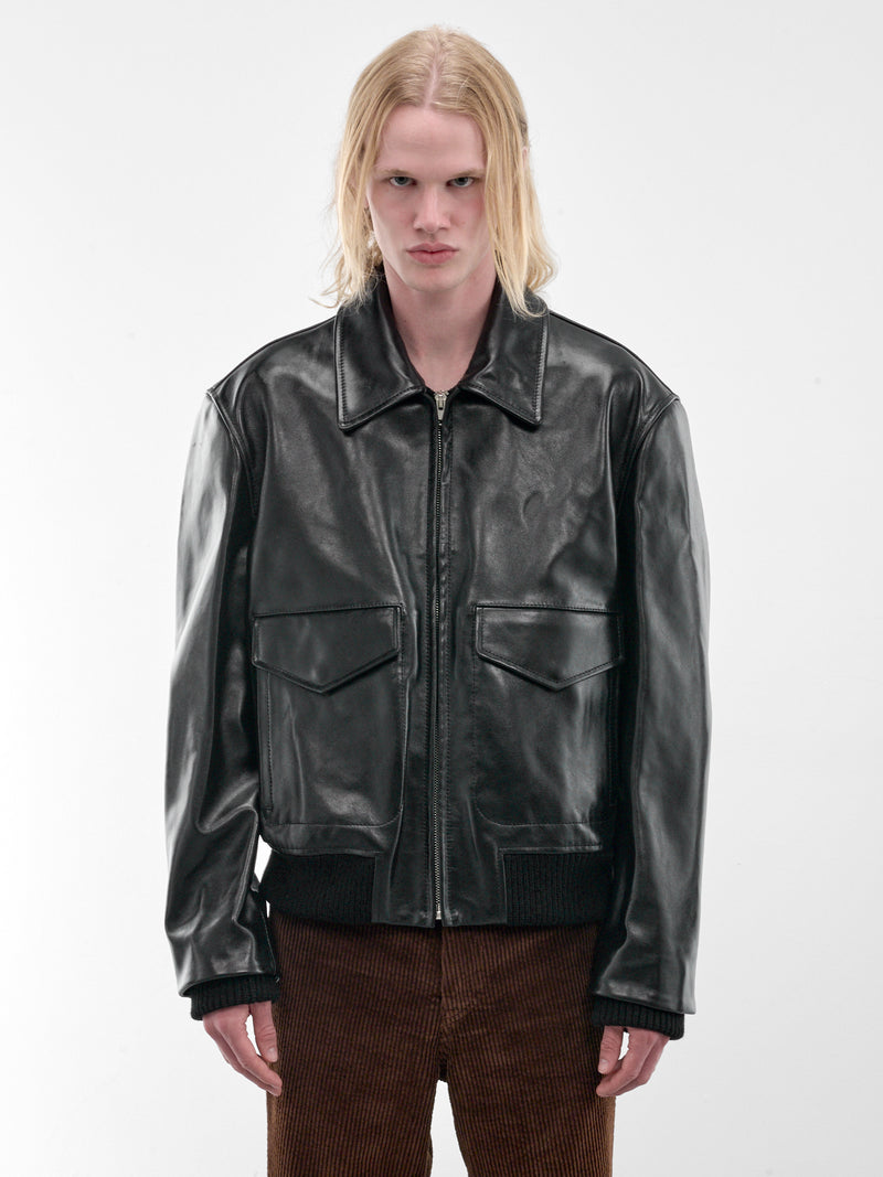 Black Leather Boxy Zip Jacket (JUMY0218LQ-ULV895-BLACK)