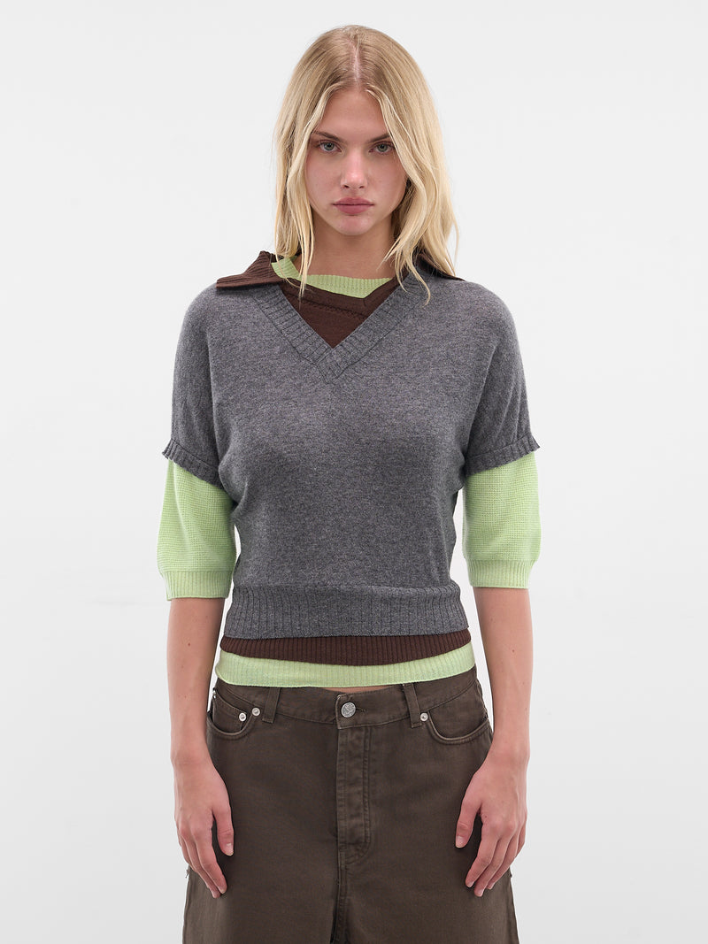 Wool-Cashmere Triple Layer Sweater (K03FW5-GREY-BROWN-APPLE-GREEN)