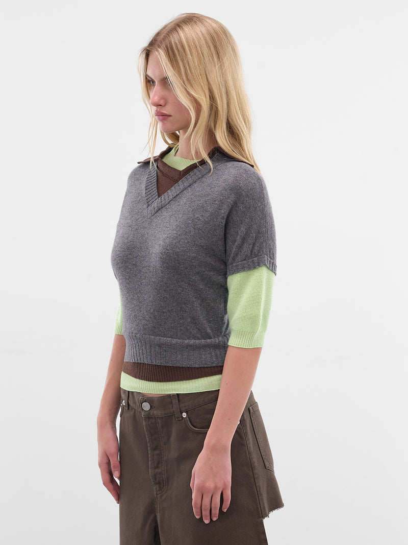 Wool-Cashmere Triple Layer Sweater (K03FW5-GREY-BROWN-APPLE-GREEN)