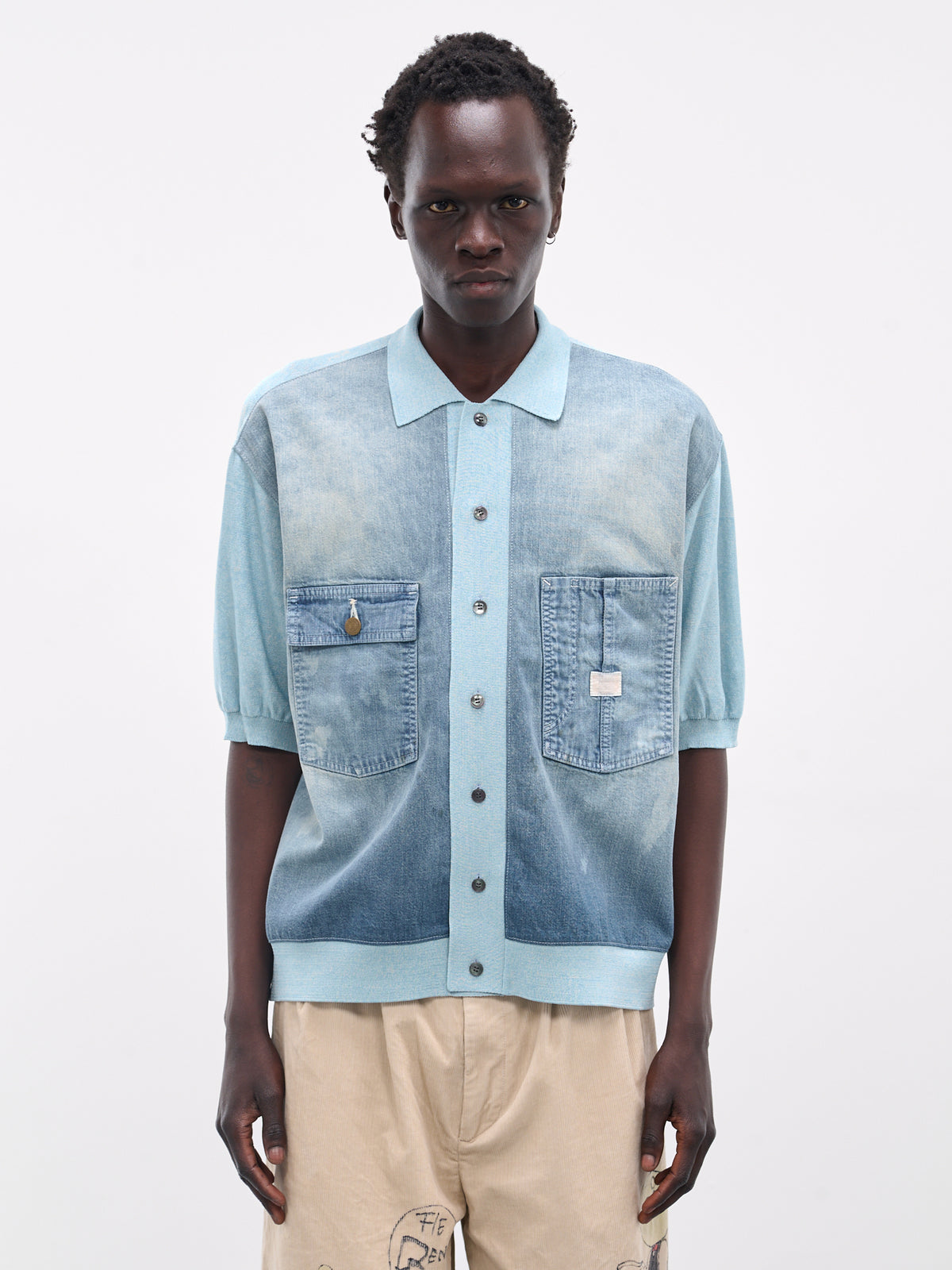 Knit & Denim Short Sleeve Cardigan (K2504KN174-SAX-BLUE)