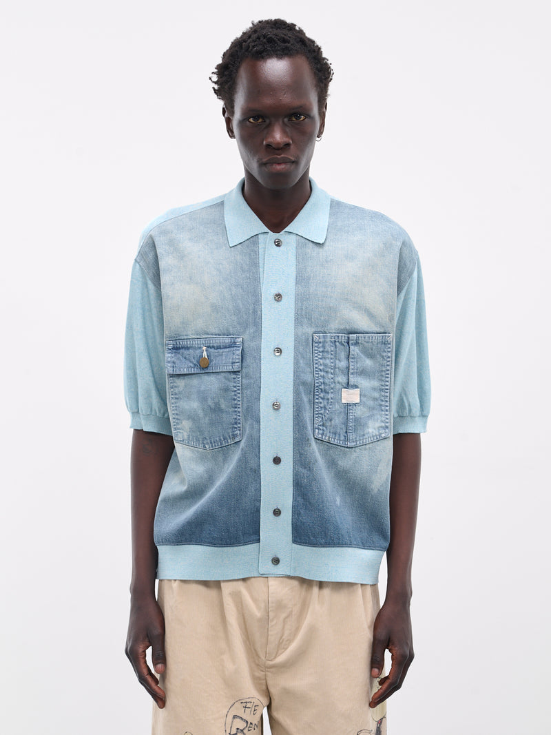 Knit & Denim Short Sleeve Cardigan (K2504KN174-SAX-BLUE)