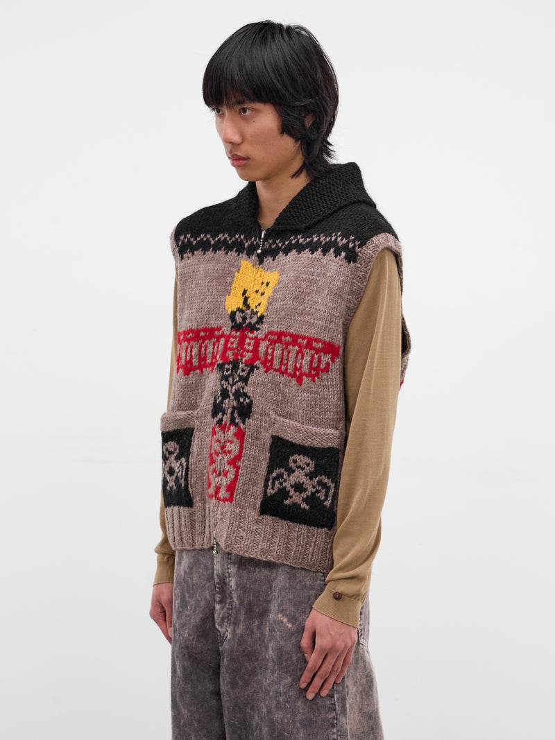 Beige Jacquard Knit Zip Vest (K2511KN181-BROWN-BEIGE)