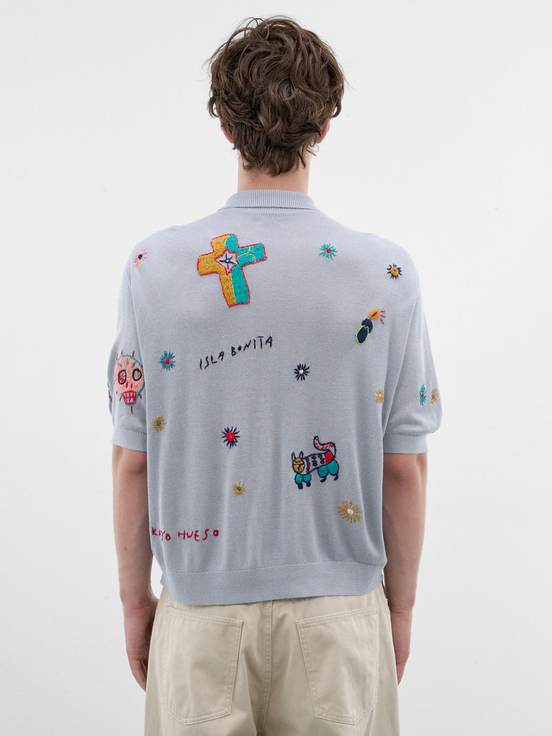 Blue Embroidered Knit Polo Shirt (K2605KN171-SAX-LIGHT-BLUE)