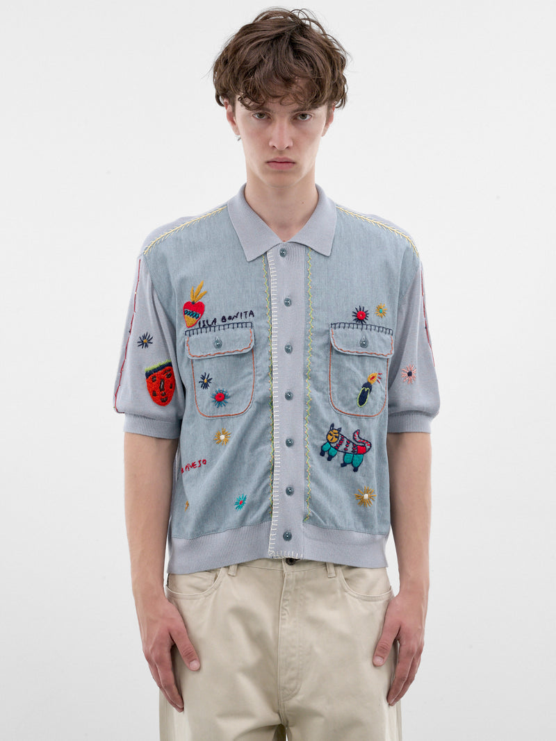Blue Embroidered Knit Polo Shirt (K2605KN171-SAX-LIGHT-BLUE)