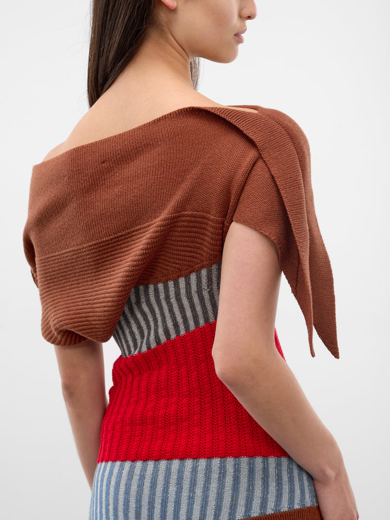 Asymmetric Draped Lemoyne Knit Dress (KKWSS26KN01-88-BROWN-RED-BLUE)