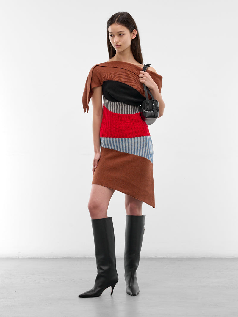 Asymmetric Draped Lemoyne Knit Dress (KKWSS26KN01-88-BROWN-RED-BLUE)