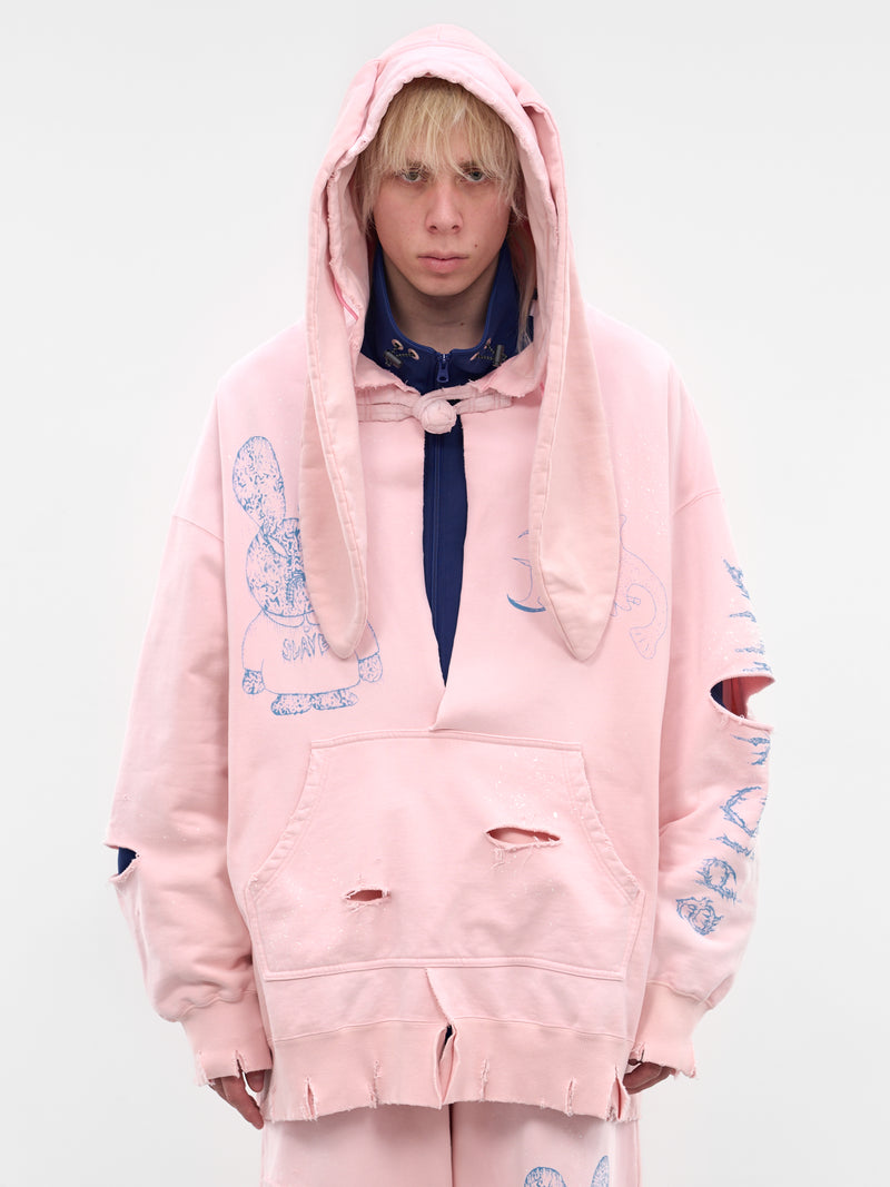 Pink Distressed Bunny Ears Hoodie (KL1078-PINK)