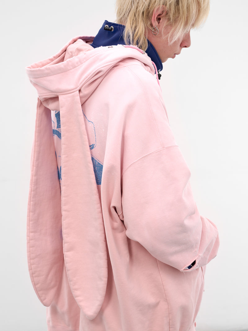 Pink Distressed Bunny Ears Hoodie (KL1078-PINK)