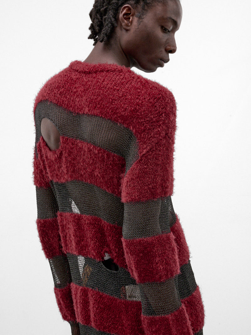Red Distressed Striped Knit Sweater (KL1143-RED-REF)
