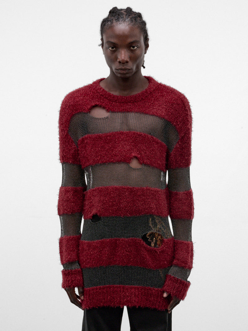 Red Distressed Striped Knit Sweater (KL1143-RED-REF)