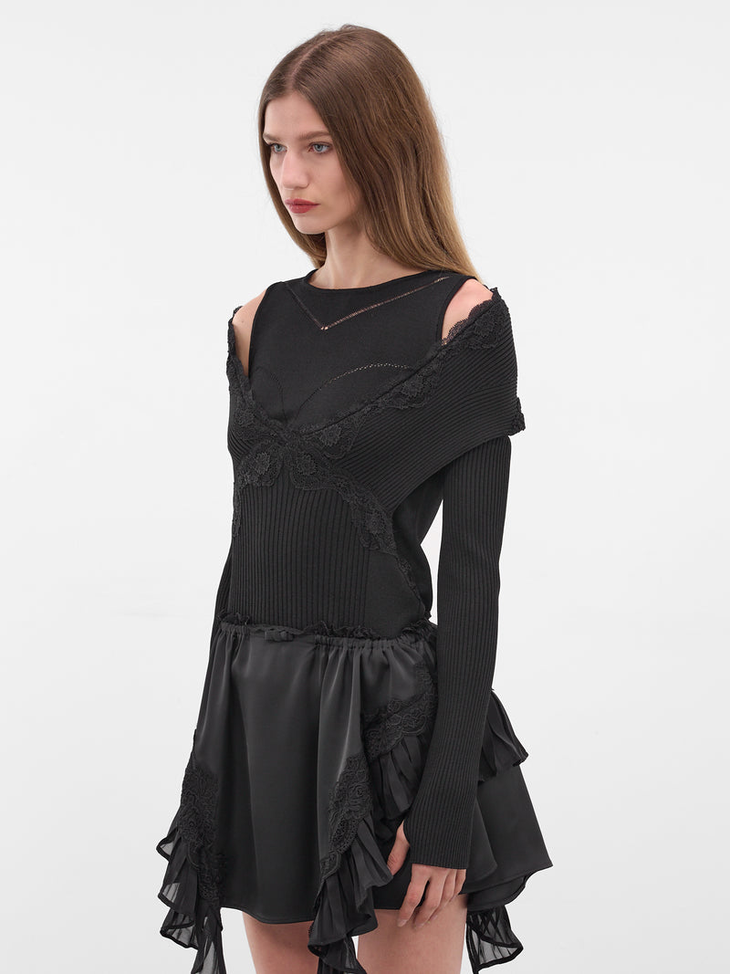 Black Hybrid Split Off-Shoulder Sweater (KN035-BLACK)