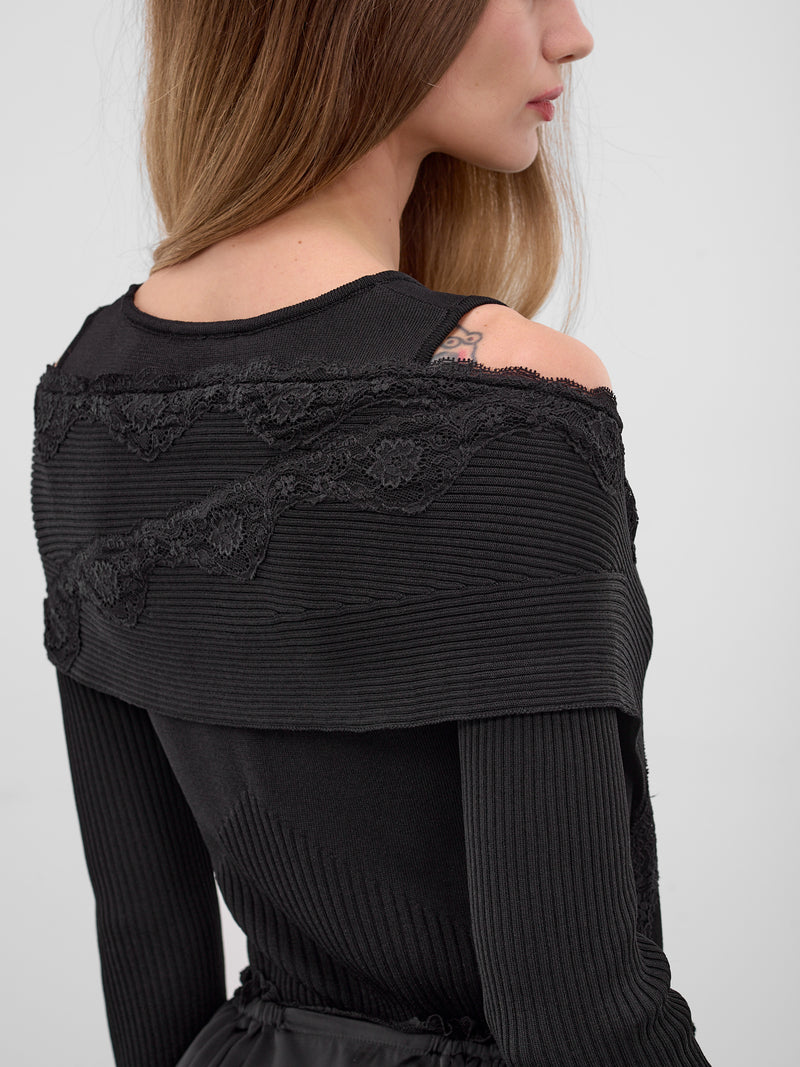 Black Hybrid Split Off-Shoulder Sweater (KN035-BLACK)
