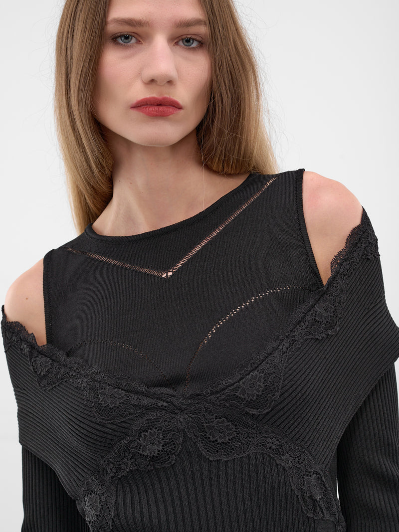 Black Hybrid Split Off-Shoulder Sweater (KN035-BLACK)
