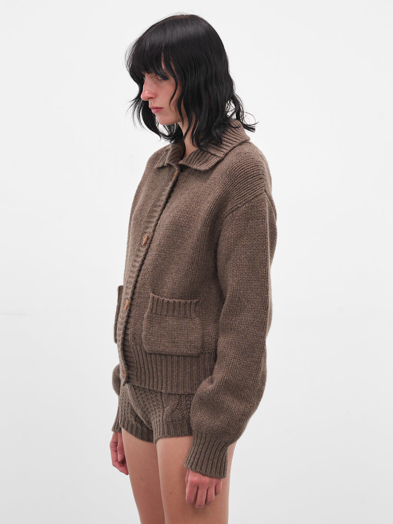 Brown Cashmere Cropped Cable-Knit Cardigan (KNITWEAR-06-BROWN)