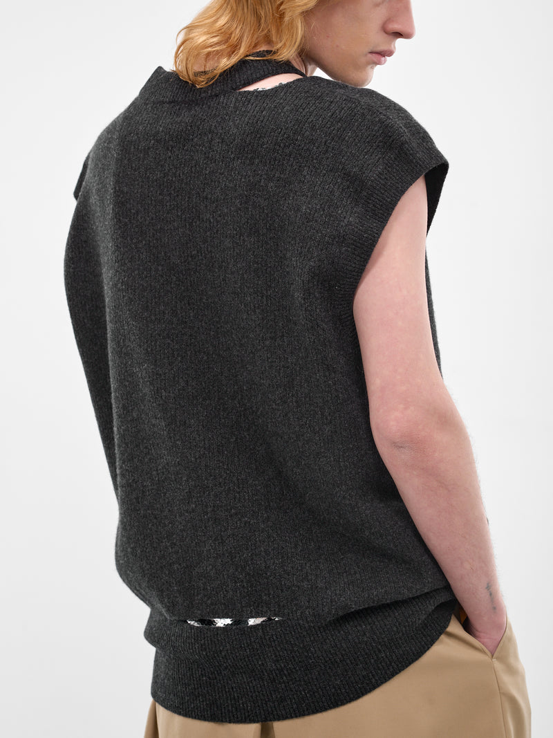 Charcoal Pearl Embellished Wool Vest (LMK11MB-0660-CHARCOAL-PEARL)