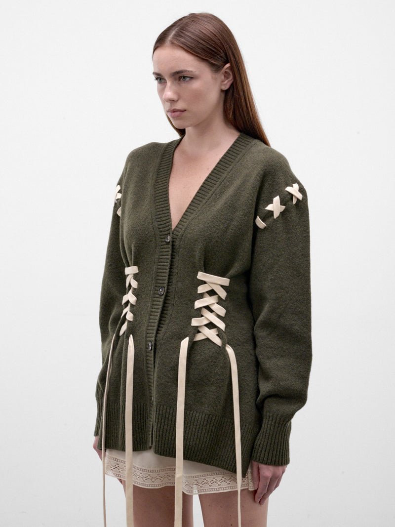 Khaki Merino Wool V-Neck Cardigan (LMK13-0660-KHAKI-ECRU)