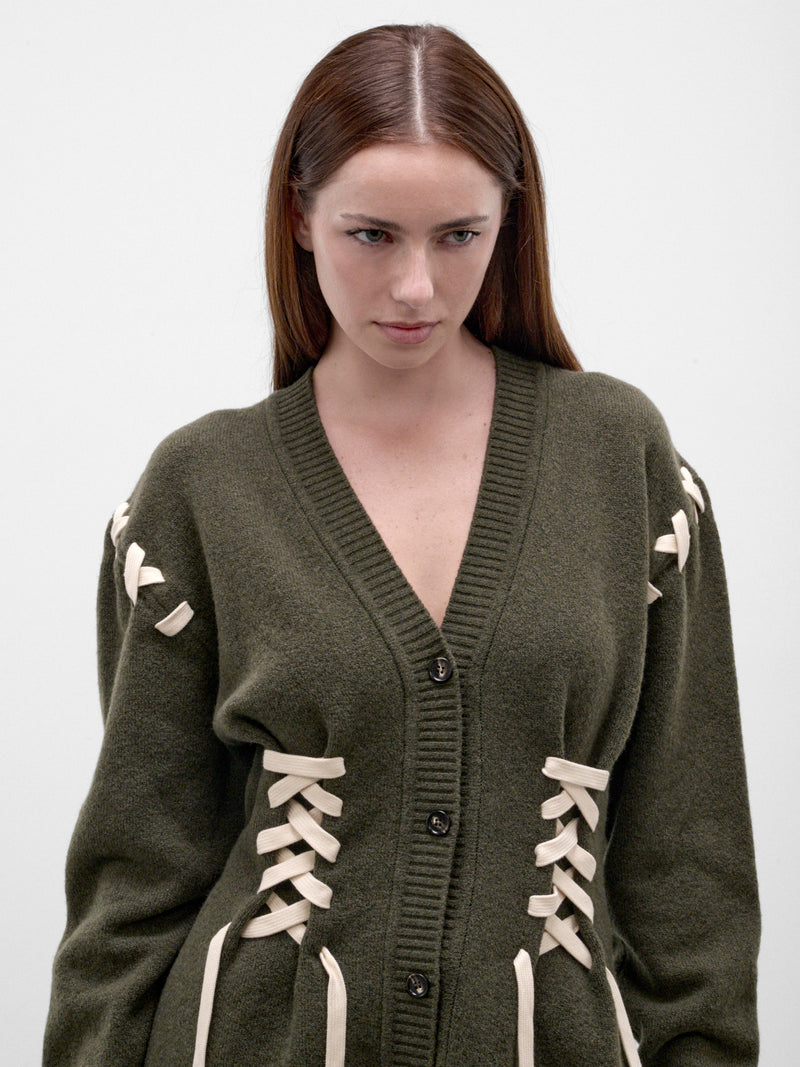 Khaki Merino Wool V-Neck Cardigan (LMK13-0660-KHAKI-ECRU)