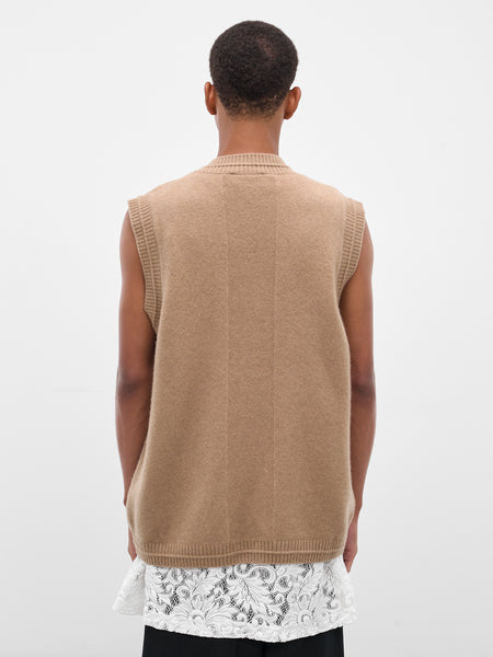 Beige Wool Knit Cardigan Vest (LMK9B-0660-CAMEL-PEARL)