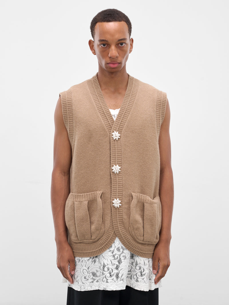 Beige Wool Knit Cardigan Vest (LMK9B-0660-CAMEL-PEARL)