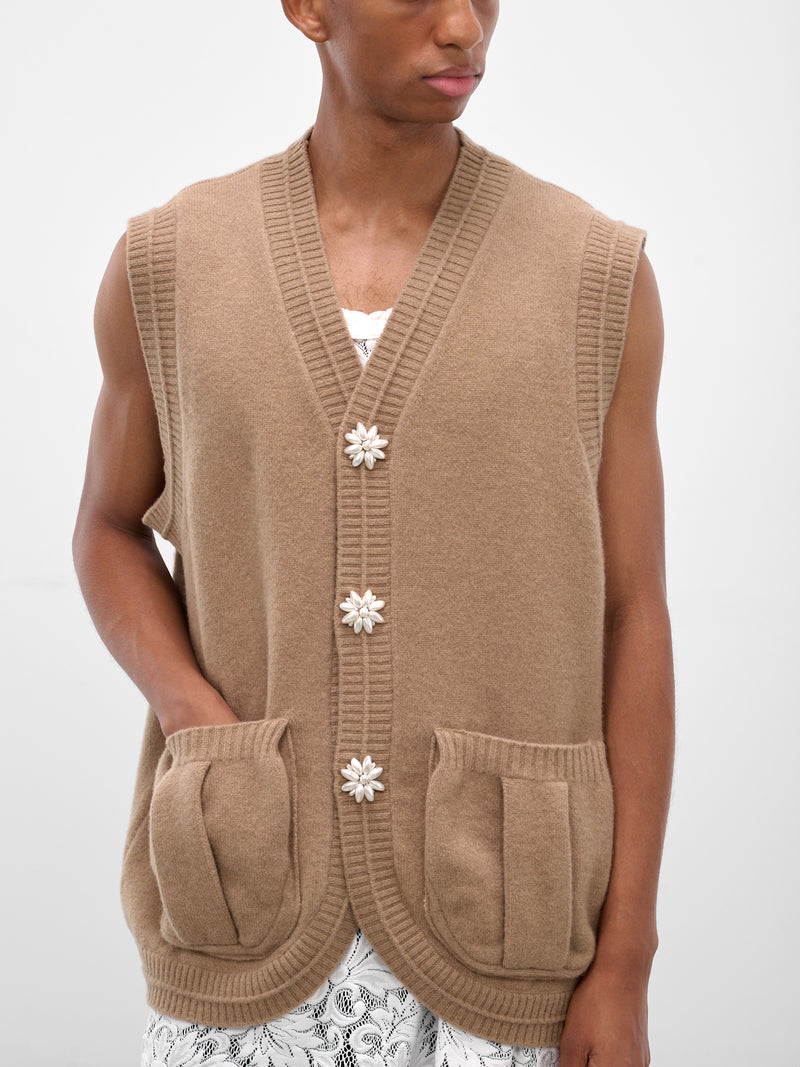 Beige Wool Knit Cardigan Vest (LMK9B-0660-CAMEL-PEARL)